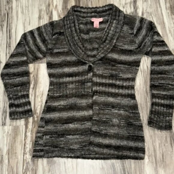 Bandolin Sweater Cardigan Women’s Sz Large Gray Striped Single Button Cozy Soft - Picture 1 of 9